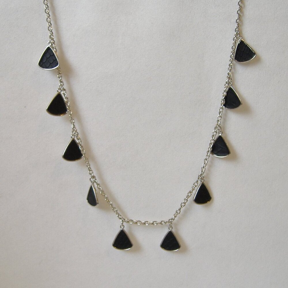 Black Triangle Drop Necklace Long Textured Silvertone Metal Chain Faux Snakeskin